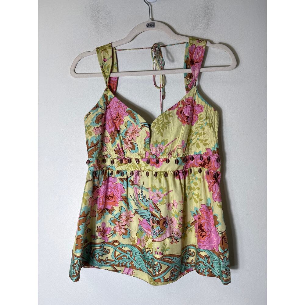 Plenty Chartreuse Floral Empire Waist Beaded Silk Top Sz 6
